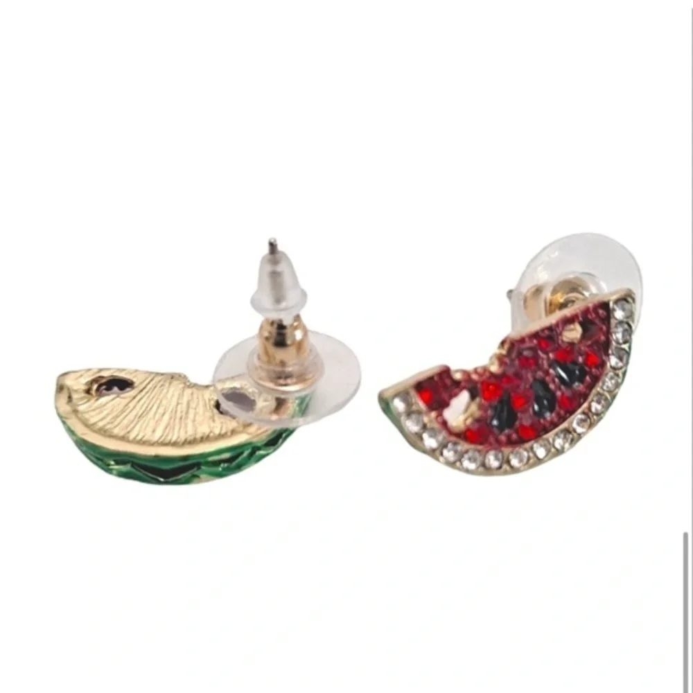 2/$30🌵 Watermelon Slice Fruit Rhinestone Pave Stud Summer Small Dainty Earrings